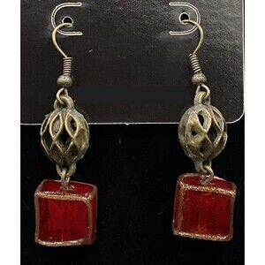 Handmade Bronze Tone Cutout Bead & Red Glass Bead Earrings by Neanie-Bot